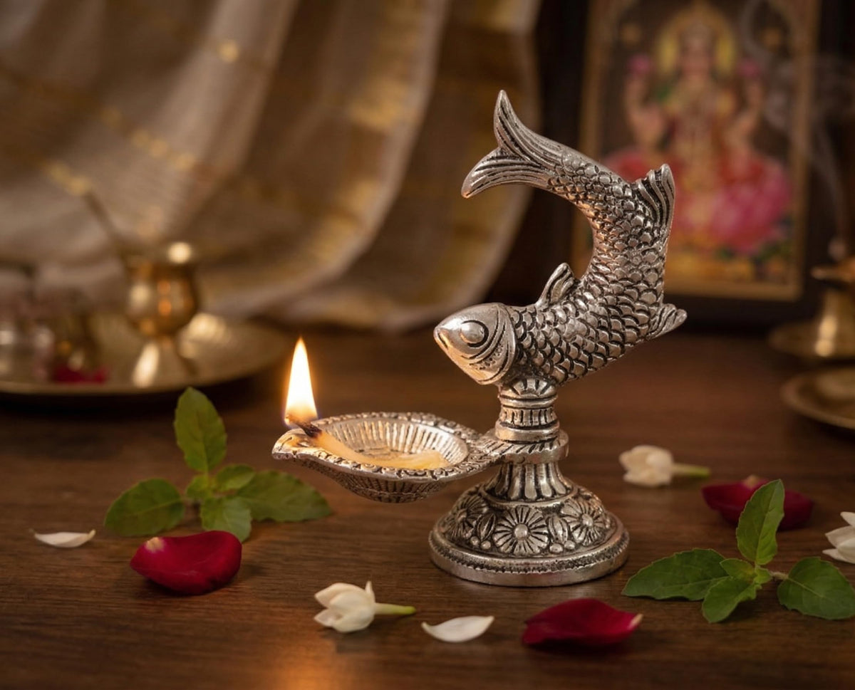 Kridaykraft Fish Diya, Silver, Aluminium, Metallic Silver Finish, 12 cm Height, Traditional Oil Lamp for Puja & Festive Decor