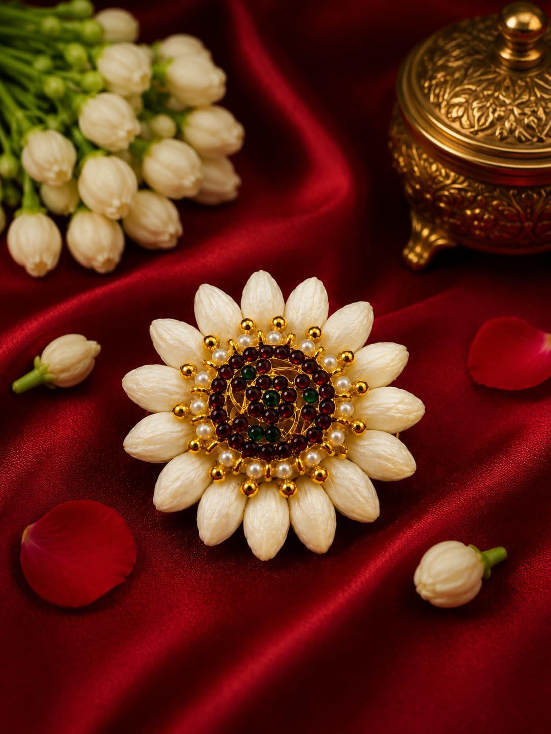 Surya Traditional Jasmine Floral Kemp Handmade Hair Clip for Women | Gajra Style Centre Clip for Bun & Juda | Bridal Wedding Festival Hair Decoration | White Flowers