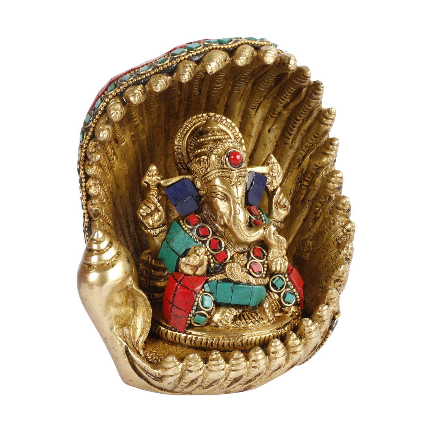 ARTVARKO Lord Ganesha Ganesh Sitting Inside Shankh Shell Brass with Multicolor Gemstone Handwork Idol Statue (LxBxH 5x3x 6 Inches)