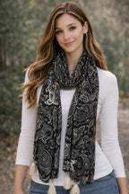 Women Black Paisley Printed Scarf with Tassels for Women & Girls | Premium Soft Viscose Stylish Fashion Stole | Lightweight Designer Neck Wrap Muffler Shawl Dupatta