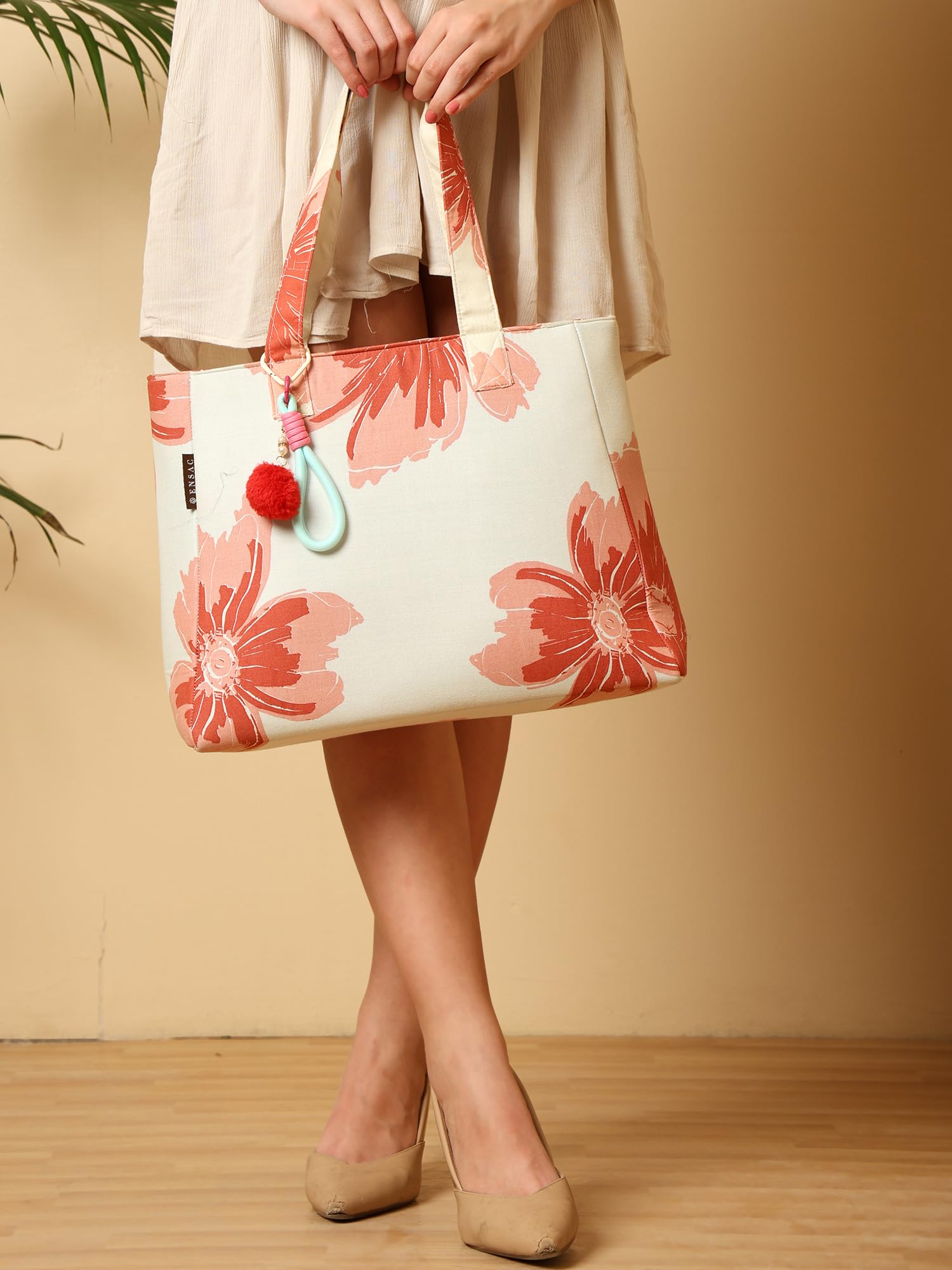 ENSAC Floral Print Tote Bag for Women | Stylish Office bag & Canvas Travel Handbag | Shopper and Shoulder Bag Lightweight Handbag with Multi Compartment | Travel, Office, Gym & Daily Use