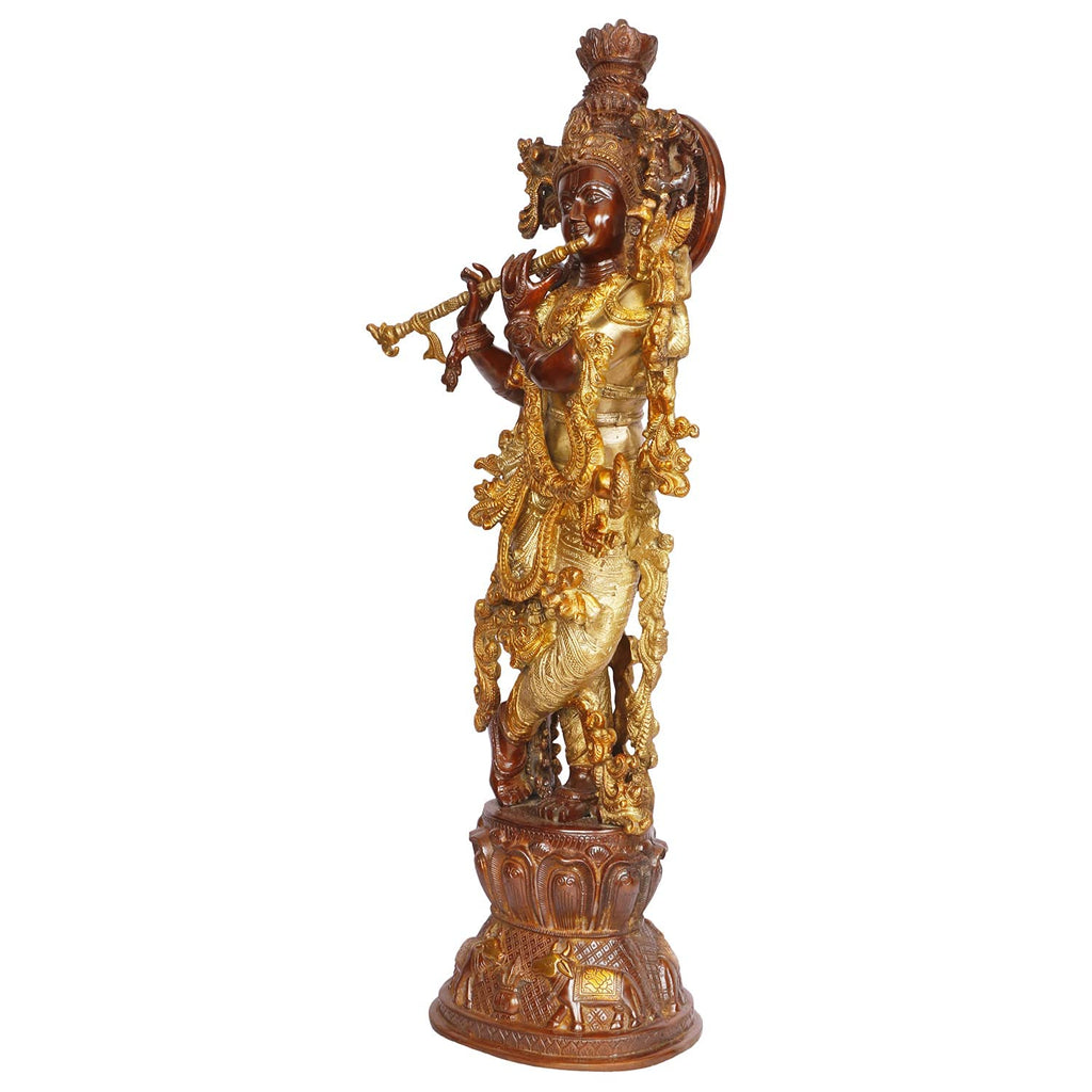 Svarup Brass Krishna Bhagwan Idol Murli Kishan Murti Playing Bansuri Gift for Home Mandir Decor Marriage Height 29 Inch Weight 16 Kg Brown and Gold