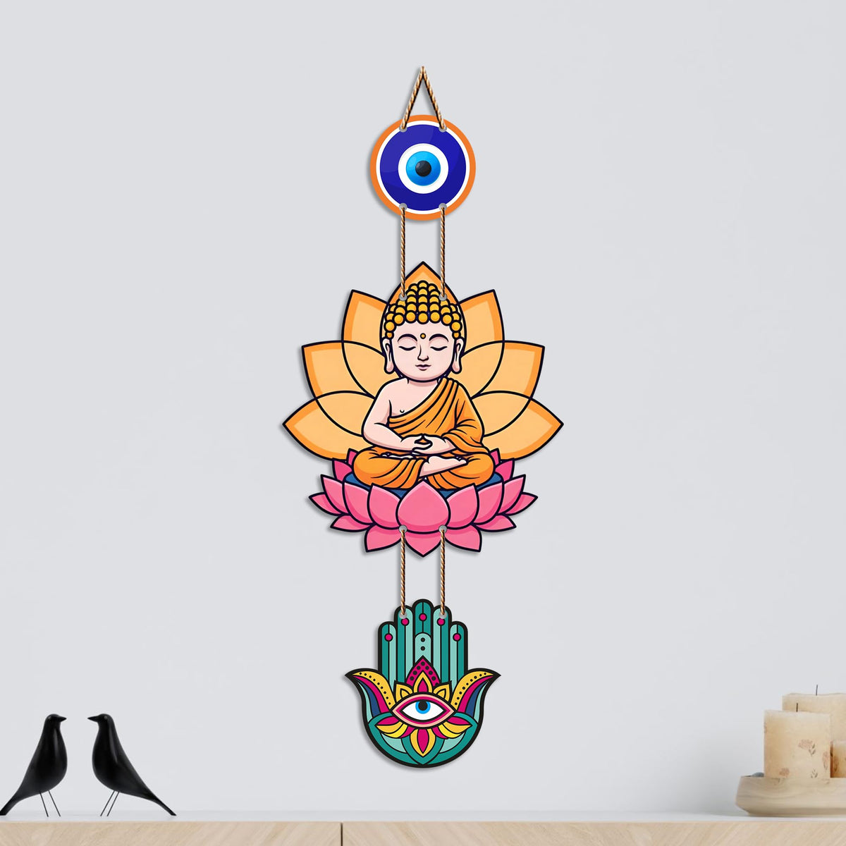 Artvibes Buddha Lotus Wall Hanging with Evil Eye and Hamsa Hand | Spiritual Meditation Decor for Positive Energy & Mindfulness | Decorative Hanging for Living Room | Yoga Room and Entrance (WH_8593N)