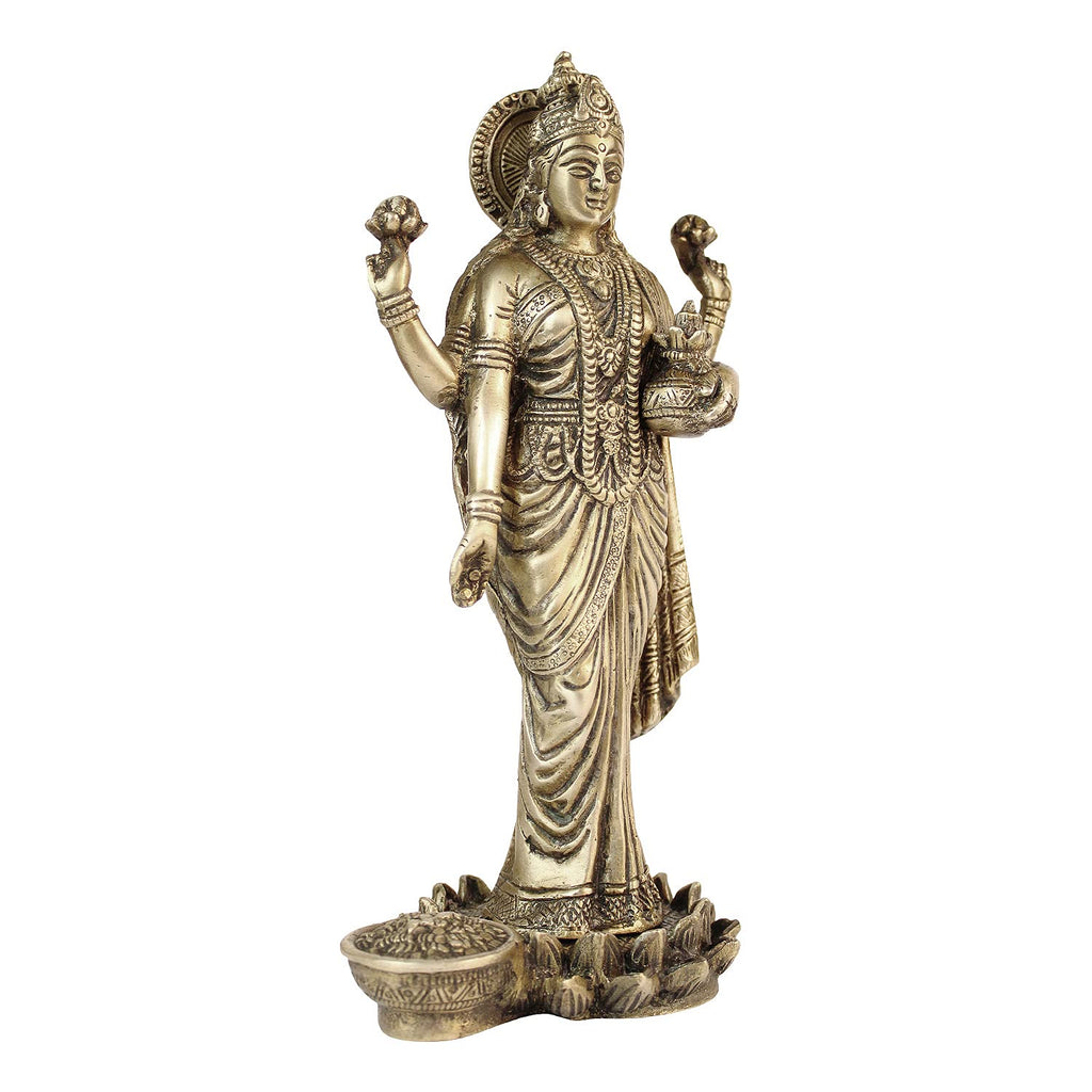 ARTVARKO Goddess Maa Laxmi Idol Lakshmi Brass Statue Luxmi Murt Standing on Lotus Height 10 Inches