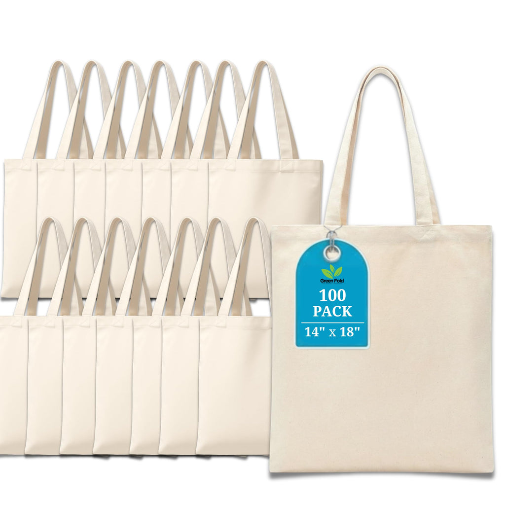 Greenfold 14x18 Inch (100 Pcs) Plain Canvas Tote Bag | 100% Organic Reusable 150 GSM Cotton Handbag for Shopping, Daily Use, Travel, Grocery, Gifting, Craft Diy, Painting, School, Office and Storage