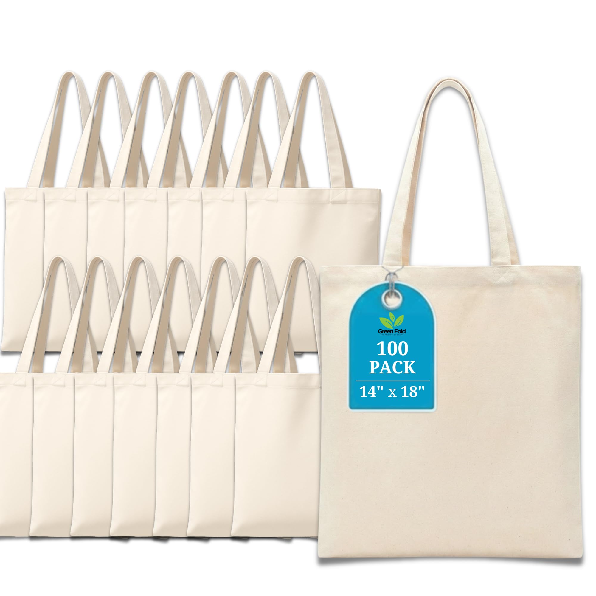 Greenfold 14x18 Inch (100 Pcs) Plain Canvas Tote Bag | 100% Organic Reusable 150 GSM Cotton Handbag for Shopping, Daily Use, Travel, Grocery, Gifting, Craft Diy, Painting, School, Office and Storage