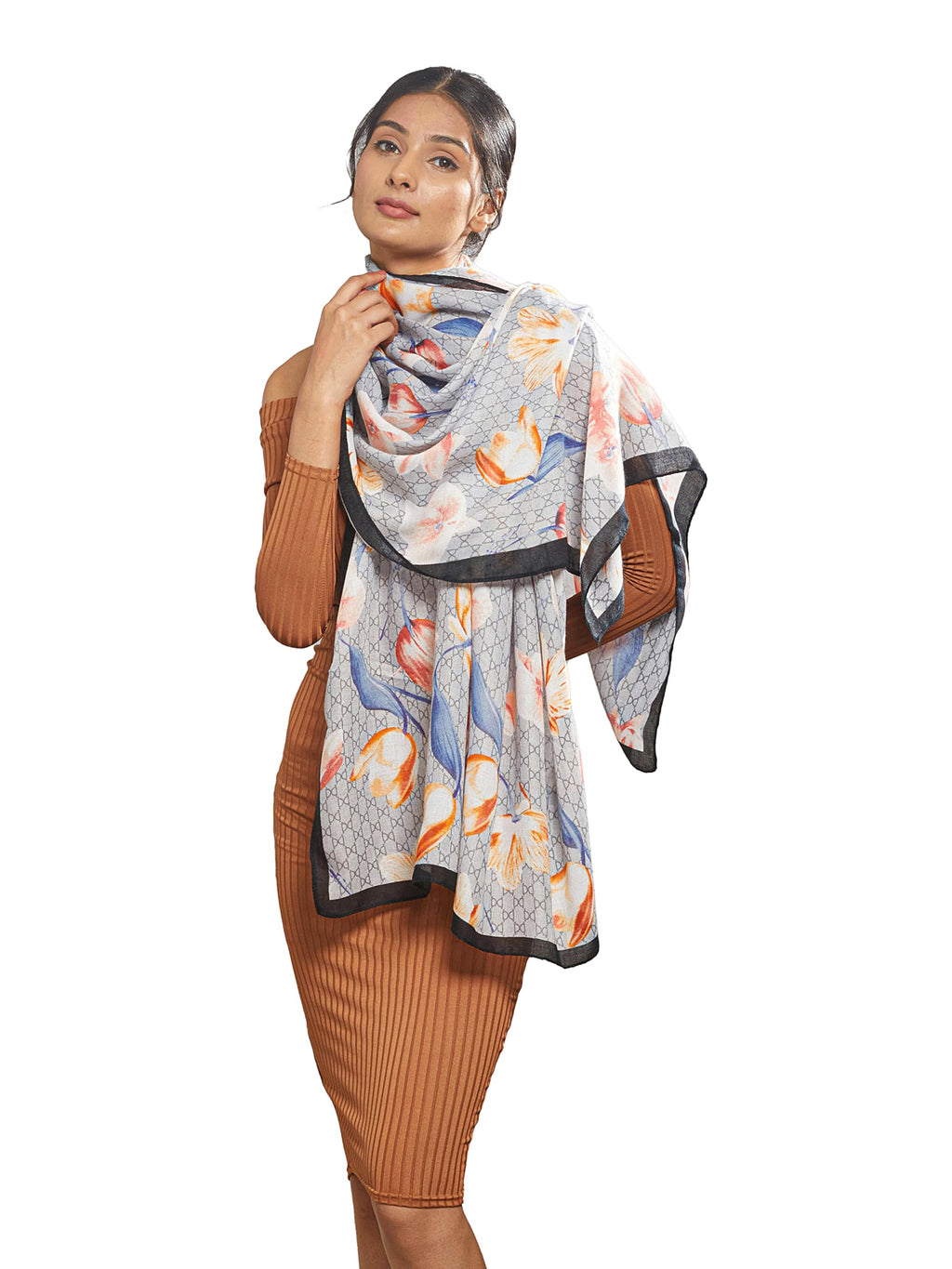 CrossKulture Blue-Brown Blended Cotton Wool Scarf |Women's Long Winter Stole |Floral Design |Stylish & Lightweight |Warm Body Wrap, Head Neck Scarf for Women - Wedding & Travel, Female