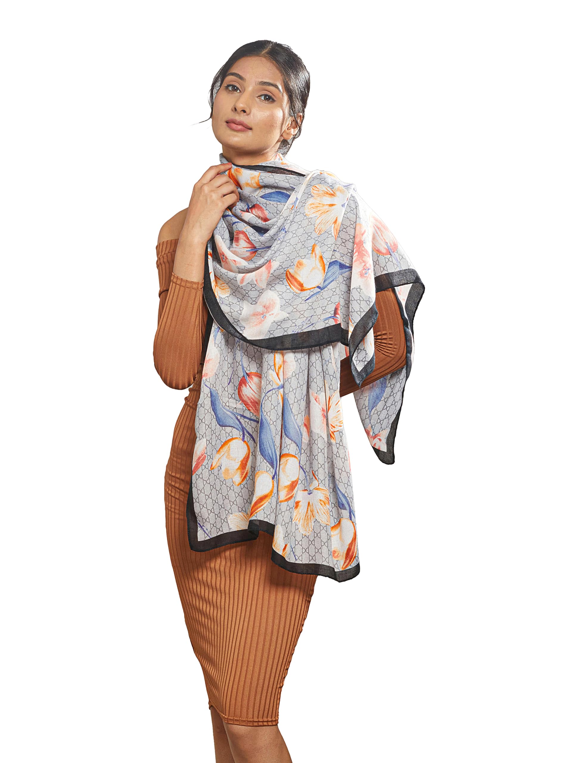 CrossKulture Blue-Brown Blended Cotton Wool Scarf |Women's Long Winter Stole |Floral Design |Stylish & Lightweight |Warm Body Wrap, Head Neck Scarf for Women - Wedding & Travel, Female