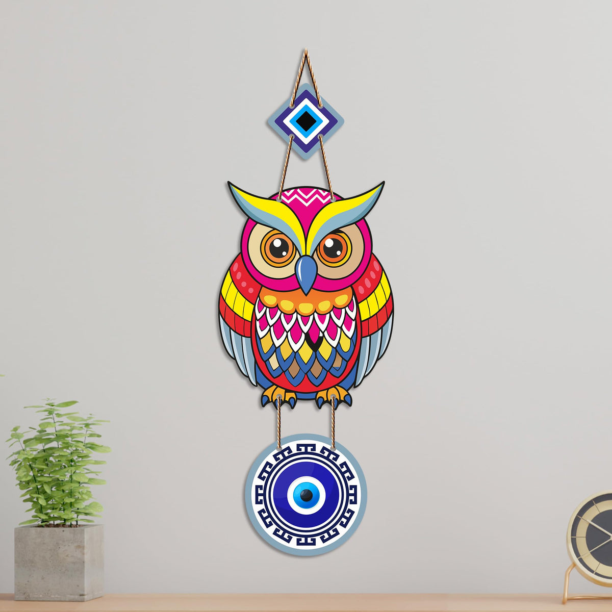 Artvibes Artistic Owl Nazar Battu Wall Hanging for Home Entrance | Evil Eye MDF Decorative Wall Art | Lucky Charm Decor for Bedroom | Living Room | Office & Balcony | Housewarming Gift (WH_8525N)
