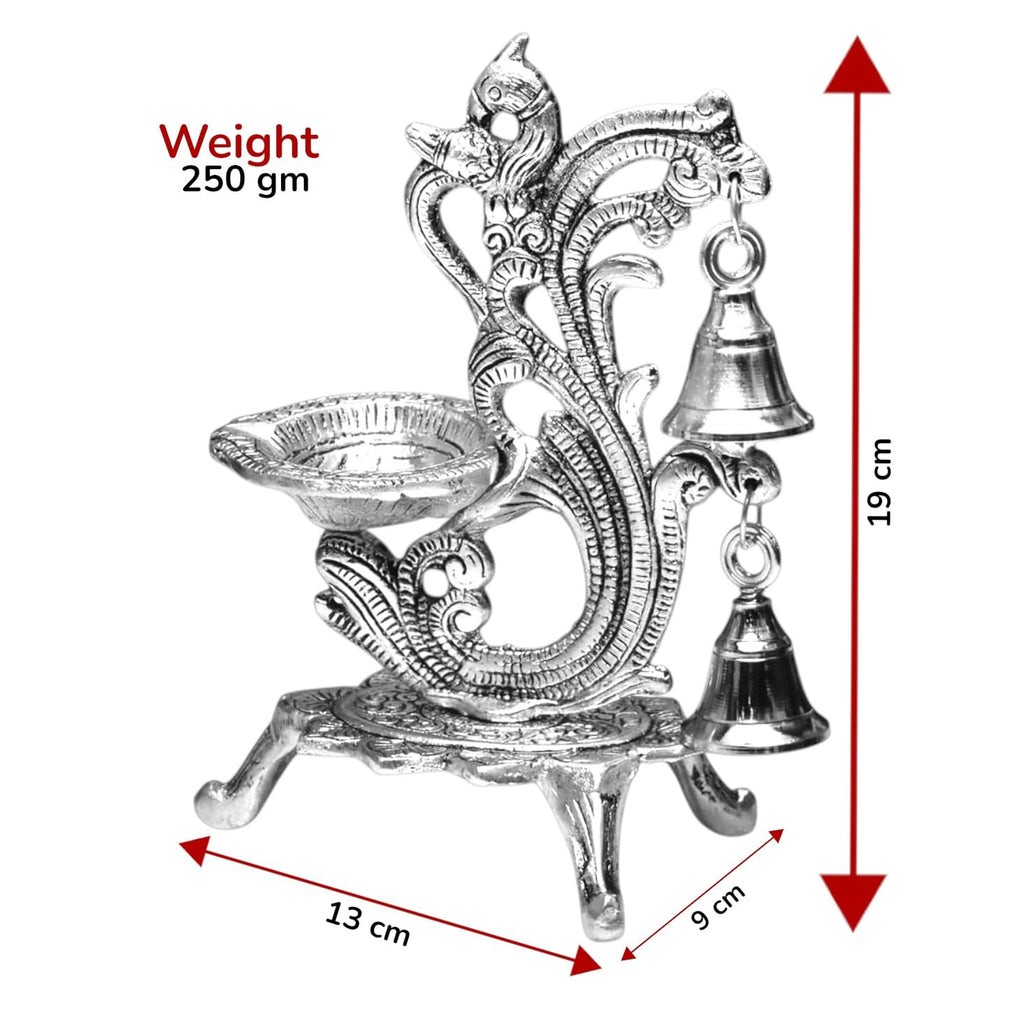KridayKraft Aluminium Diya for Puja Room Oil Lamp in Peacock Design with Bell (Silver Metal, Pack of 1 Pcs)