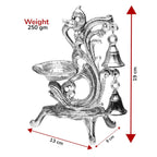 KridayKraft Aluminium Diya for Puja Room Oil Lamp in Peacock Design with Bell (Silver Metal, Pack of 1 Pcs)