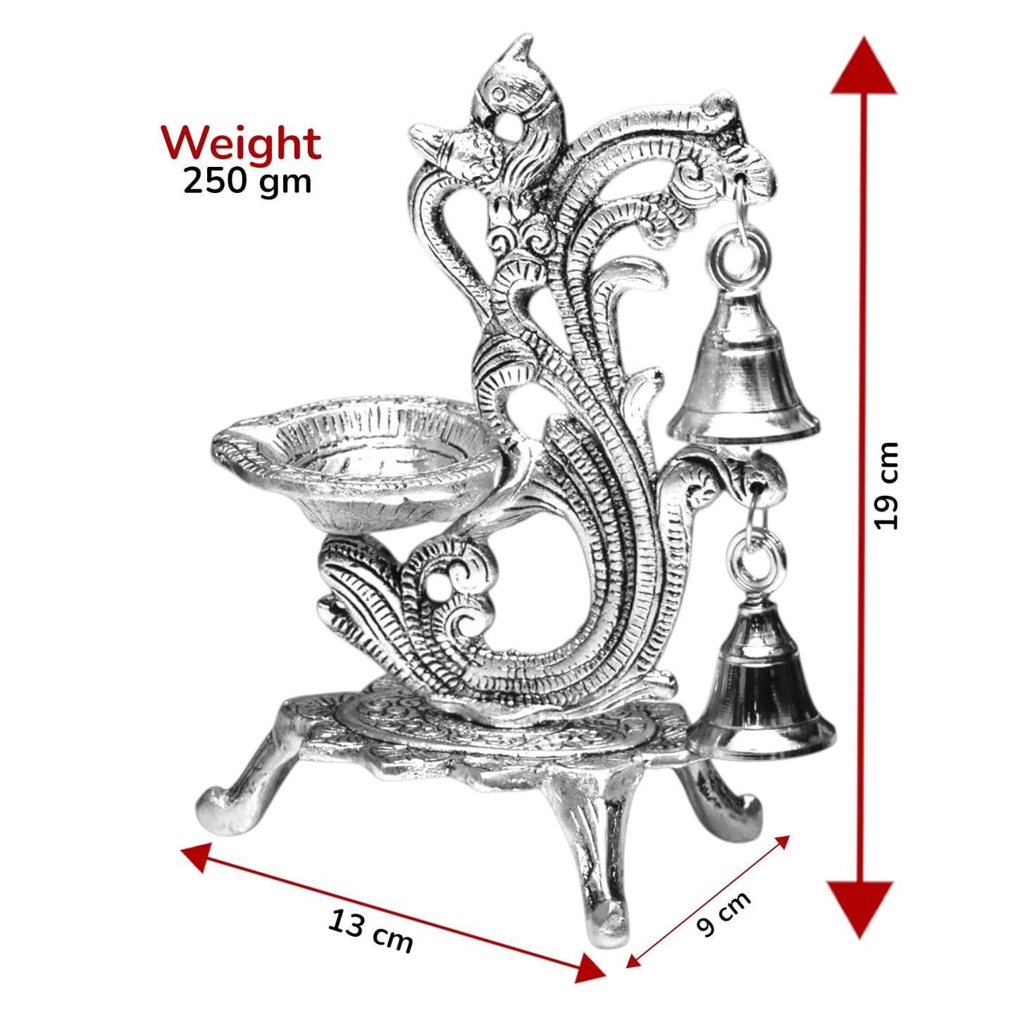 KridayKraft Aluminium Diya for Puja Room Oil Lamp in Peacock Design with Bell (Silver Metal, Pack of 1 Pcs)