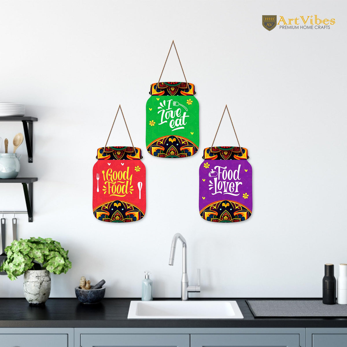 Artvibes Food Lover Quote Kitchen Printed Wooden Wall Hanging for Kitchen | Cafe | Restaurant | Dining Room | Quotes Decor Item | Wall Poster | Food Quotes Decoration | Gift Items(WH_8912N), Set of 3