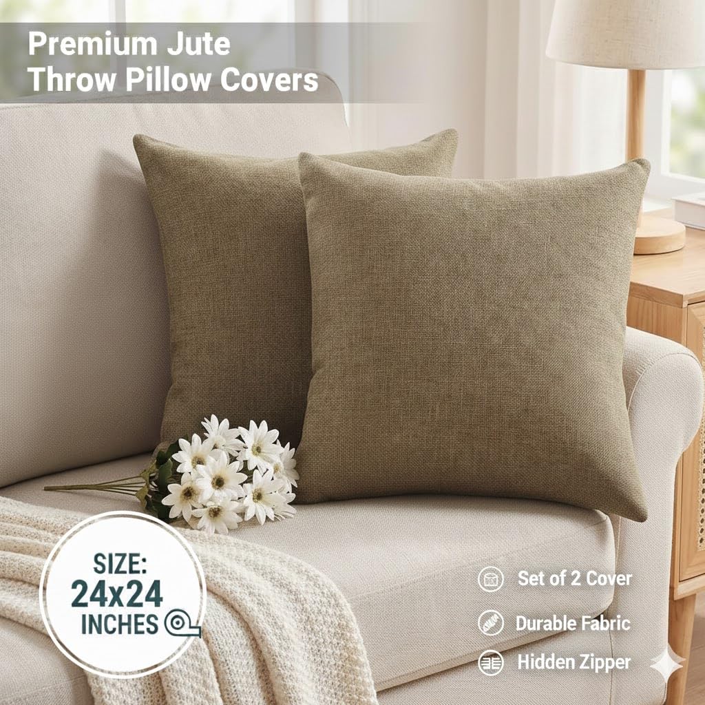 CASA-NEST Jute Cushion Cover 24x24 (Pack of 2) (Light Amber)