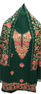 latest Womens pure woolen kashmiri embroidered salwar suit with heavy embroidery on shawl,winter wear,woollen kurta pant set dress material(UNSTITCHED FABRIC SET) by pure Pashmina wooltex.B.GREEN