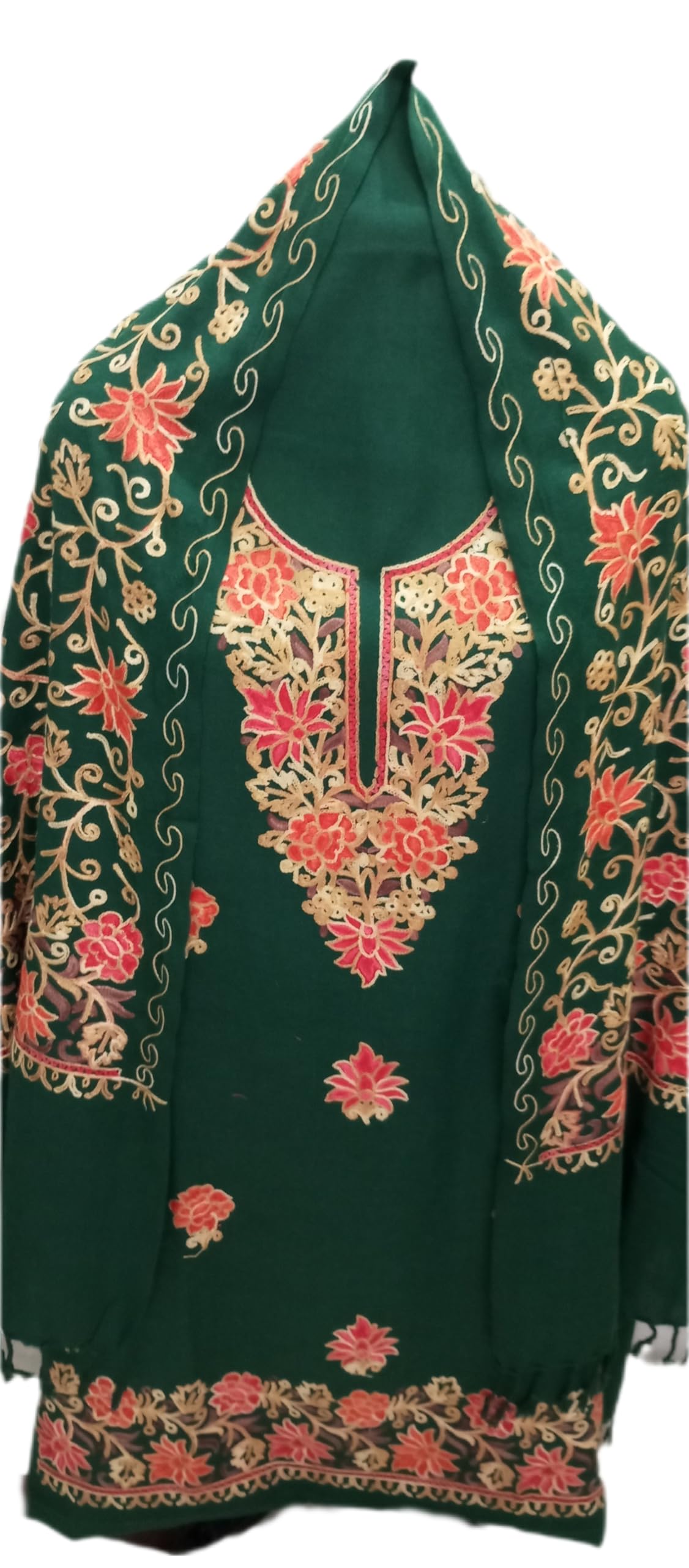 latest Womens pure woolen kashmiri embroidered salwar suit with heavy embroidery on shawl,winter wear,woollen kurta pant set dress material(UNSTITCHED FABRIC SET) by pure Pashmina wooltex.B.GREEN