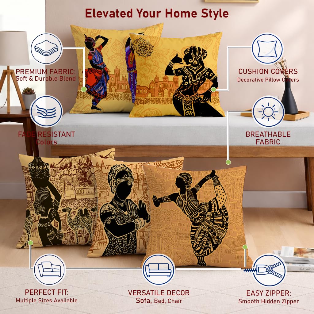 STITCHNEST Set of 5 Nritya Kala Collection Printed Jute Cushion Covers 18x18 Inches | Decorative Throw Pillow Covers for Sofa, Living Room, Bedroom | Perfect for Home Decor