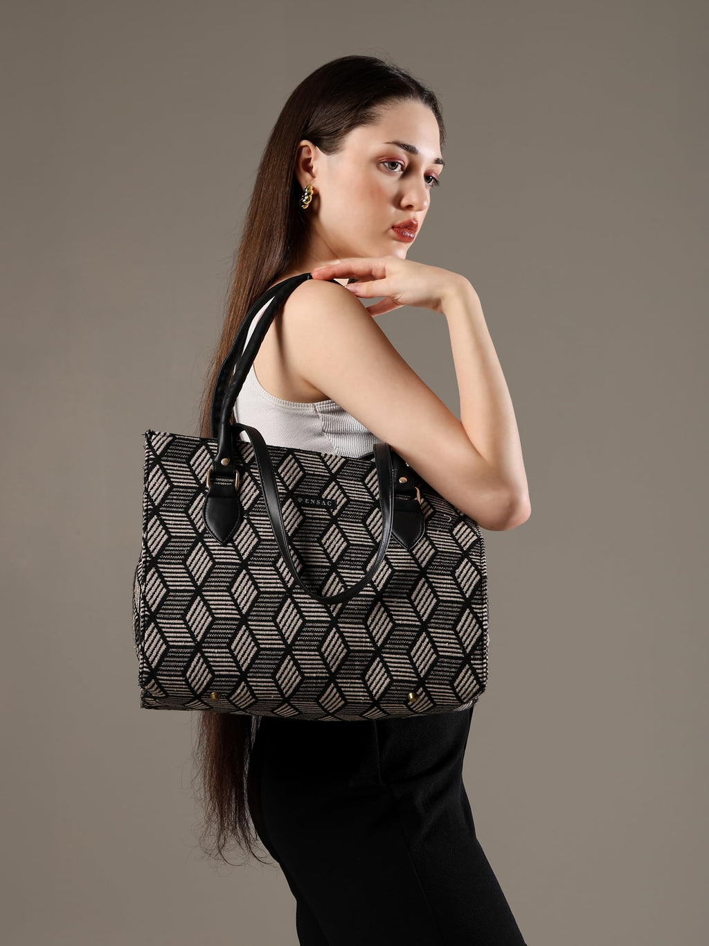 ENSAC Premium Cotton Jute Tote Bag for Women, Stylish Handbag for women with Zip Closure | Fit for Office Bag, College, Travel Use | Handcrafted in India
