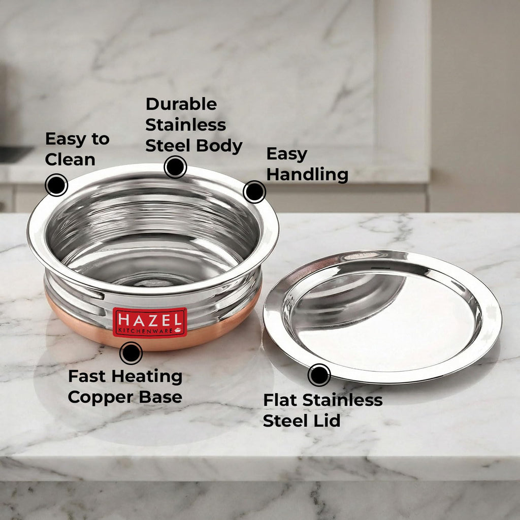 HAZEL Copper Bottom Uruli with Lid | Stainless Steel Urli Vessel for Cooking | 1000 ML Steel Kitche Cookware