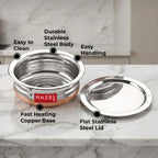 HAZEL Copper Bottom Uruli with Lid | Stainless Steel Urli Vessel for Cooking | 1000 ML Steel Kitche Cookware