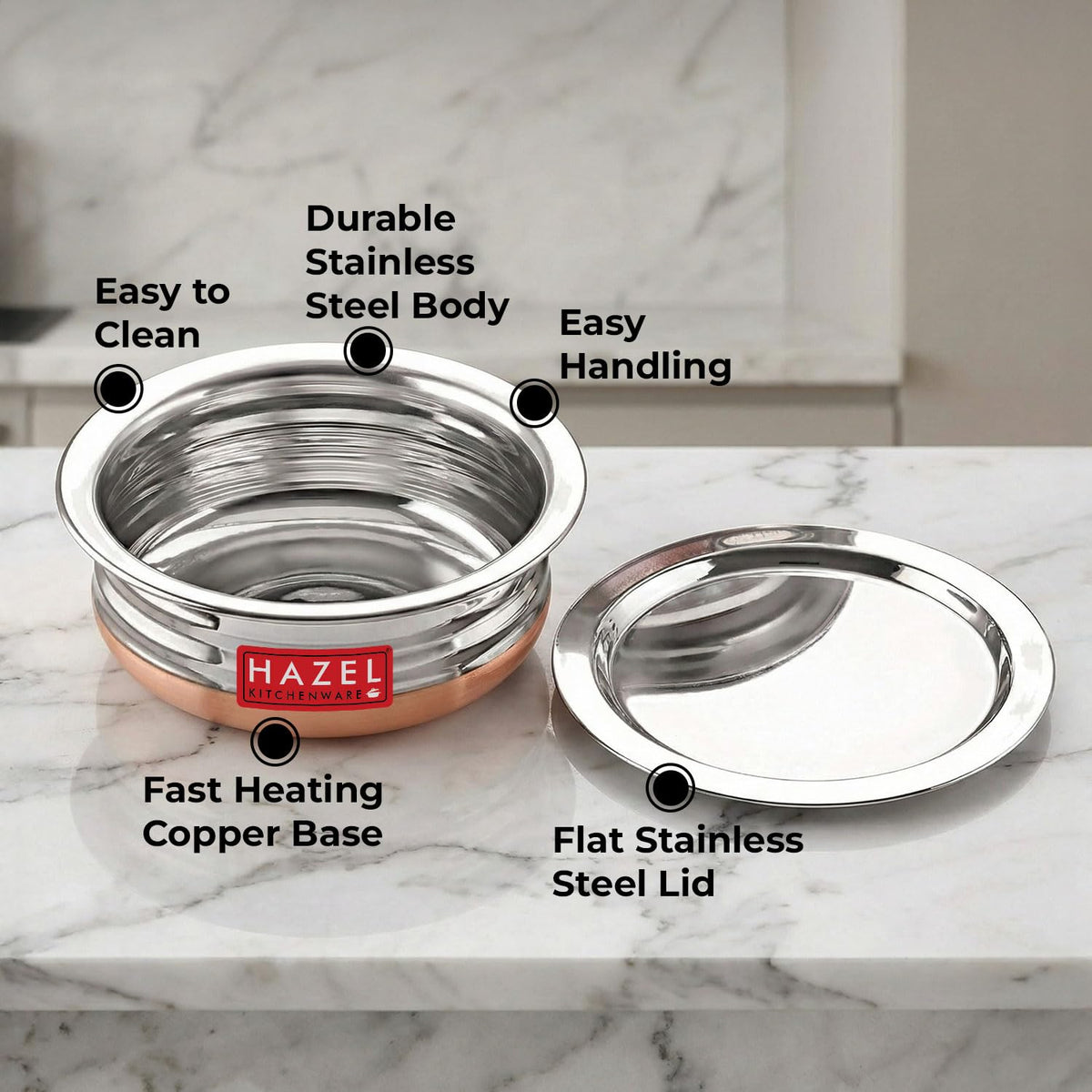 HAZEL Copper Bottom Uruli with Lid | Stainless Steel Urli Vessel for Cooking | 1000 ML Steel Kitche Cookware