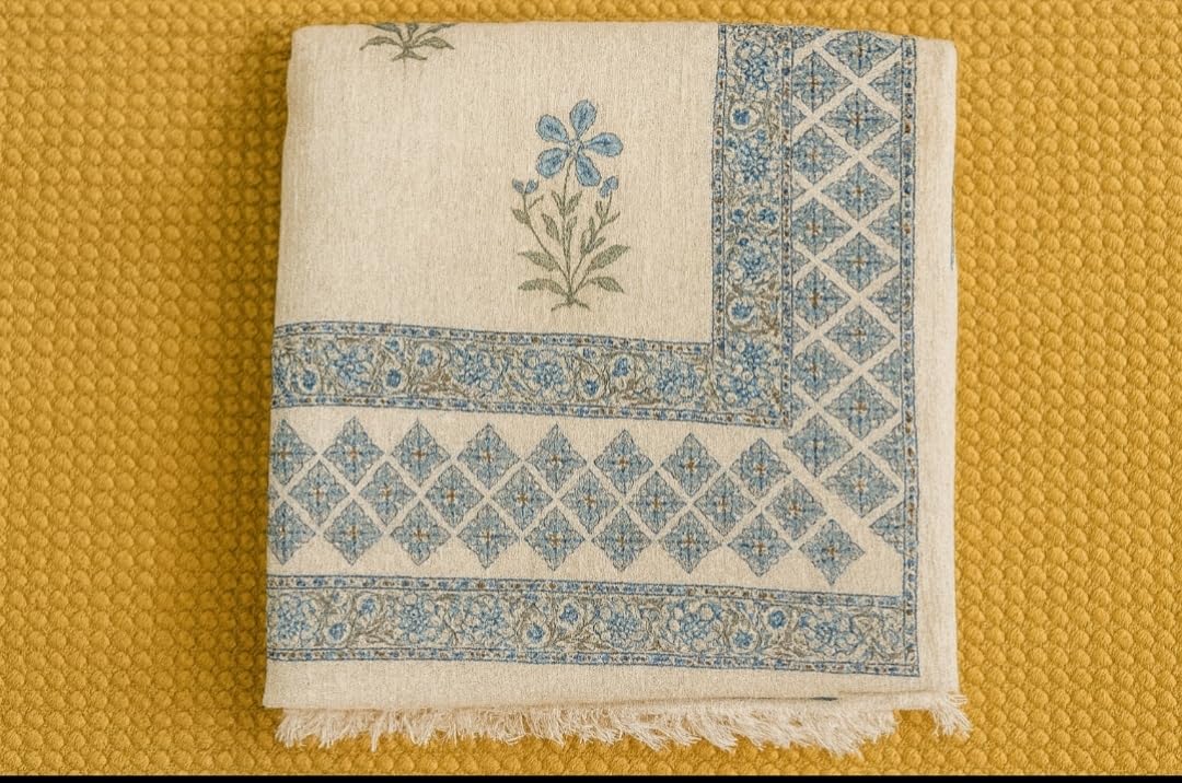 JutiePie Cotton Woven Throw Blanket with Tassels for Sofa, Bed & Couch | 3 Seater | 52x75 Inch Beige & Blue Floral Design | Soft, Lightweight, Breathable Coverlet for Living Room, All Season Use Kafalo
