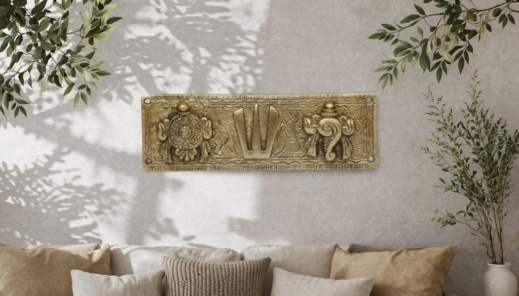 ARTVARKO Pure Brass Tirupati Balaji Shankh Chakra Namah Wall Shankha Chakra Tilak Padmanabha Swami | Vishnu Door Hanging (7.5 Inch)