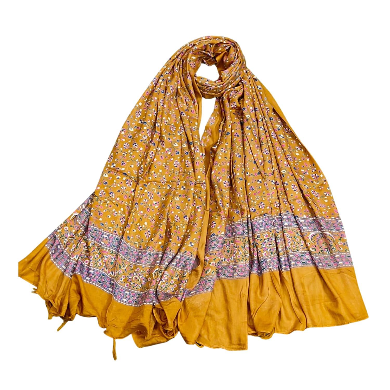JAHAN TEXTILE mustard Floral Printed Scarf for Women | Soft Lightweight Dupatta/Stole with Tassels | Elegant Ethnic & Casual Wear Wrap | Stylish Designer Shawl for All Seasons (Mustard)