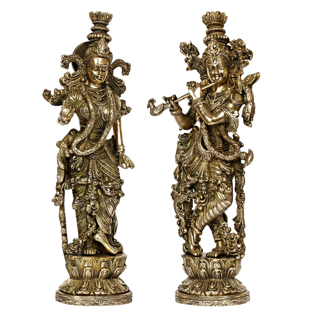 ARTVARKO Radha Krishna Brass Murti of Murli Kishan Playing Flute Radha Idol Standing on Lotus for Home Mandir Decor Marriage Height 14 Inch