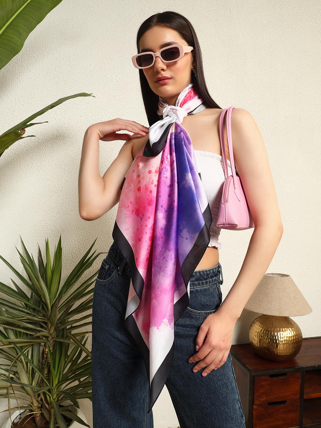 Ravaiyaa - Attitude is everything Women's Crepe Silk Digital Print Large Square Scarf Breathable Lightweight Neckerchief Printed Headscarf 40 x 40 Inch (Purple & Pink Yoga)
