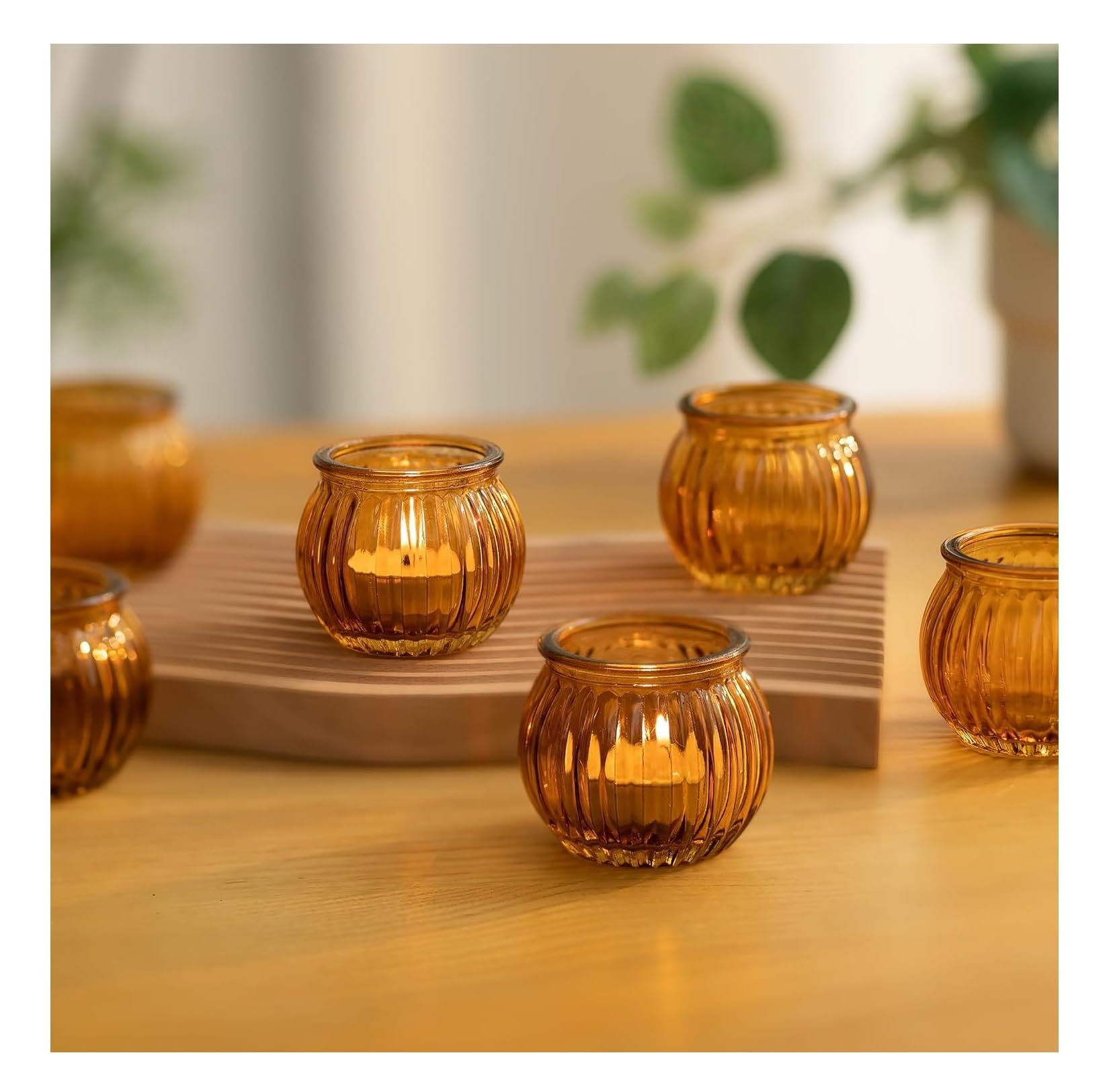SPHINX Glass Votive Candle Holder for Home Decorations, for Weddings, Dinner Parties, Candle Light Dinners, Gift - (Amber, Ribbed Round, 2 Pieces)