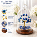 Evil Eye Tree with Glass Dome, Blue Evil Eye Beads on Wooden Base, Decorative Crystal Tree Showpiece for Home Office Tabletop Decor