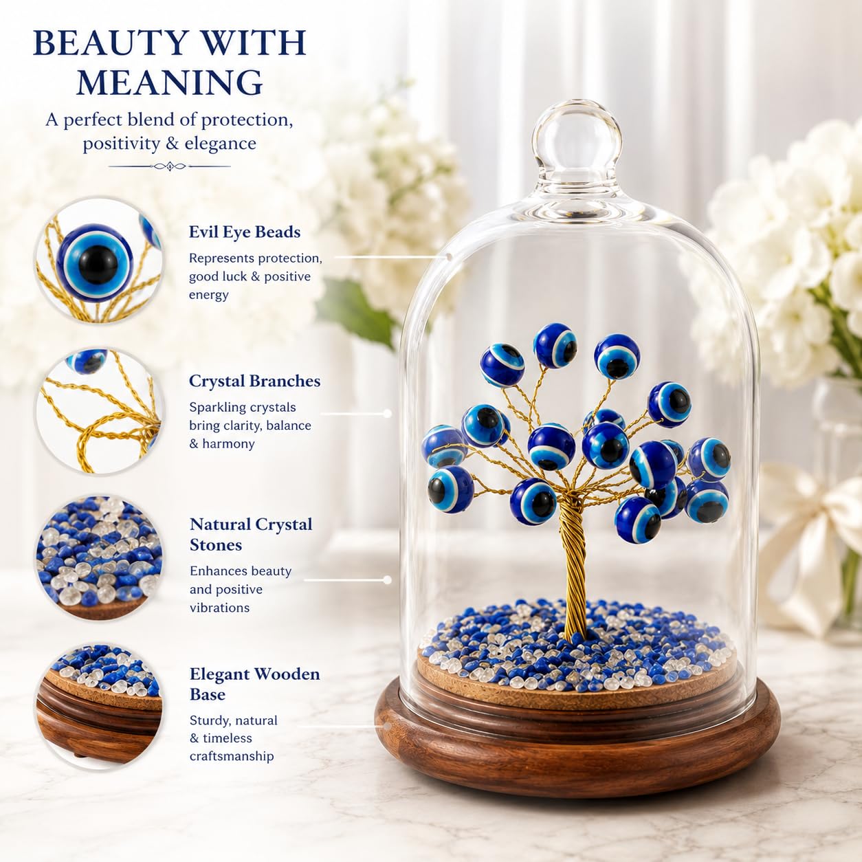 Evil Eye Tree with Glass Dome, Blue Evil Eye Beads on Wooden Base, Decorative Crystal Tree Showpiece for Home Office Tabletop Decor