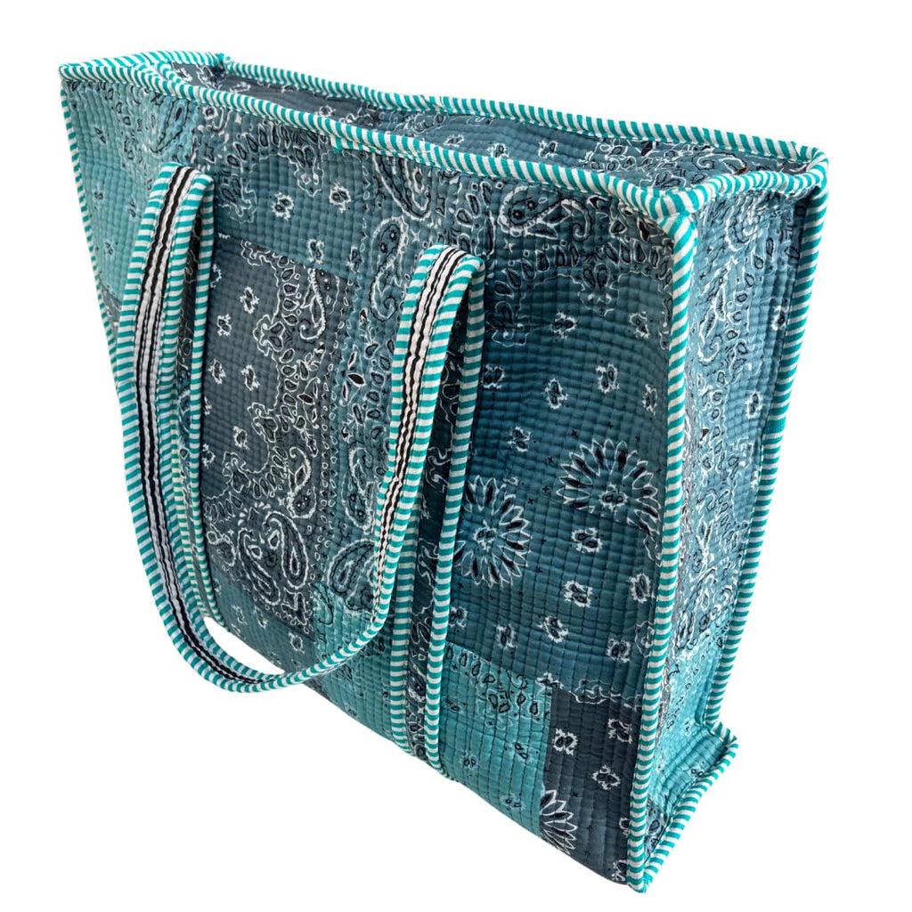 Bazaar Bhoot Edition Premium Cotton Quilted Shopping Tote Bag - Multipurpose Long Lasting Foldable Reusable Bag with zipper for Shopping, Travel & Daily Use - Made in India (Shaded Teal Blue)