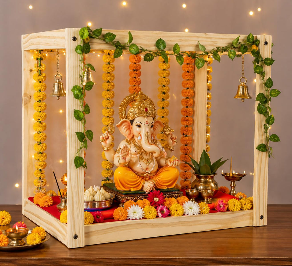 SATYAM KRAFT 1 Piece Square Foldable Folding Wooden Makhar Mandap for Ganpati Decoration Setup for Home DIY Pandal Pooja Decoration Backdrop Stand for Janmashtami, Pooja, Festival Decor