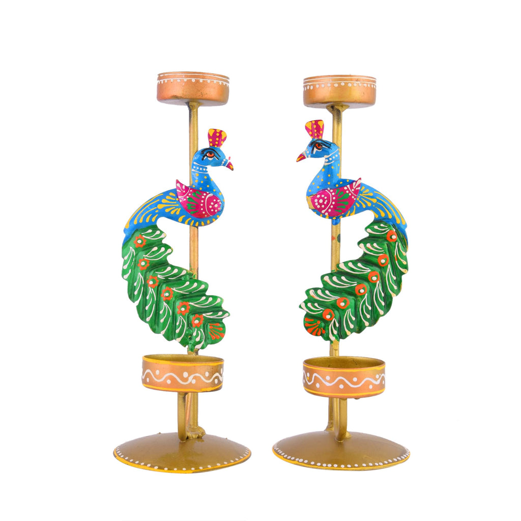 CraftVatika Metal Peacock Candle Holder Set of 2 - Perfect House Decoration Diwali Gifting Items, Handpainted Tealight Candle Holders for Home Christmas Décor (21.5 CM Height)