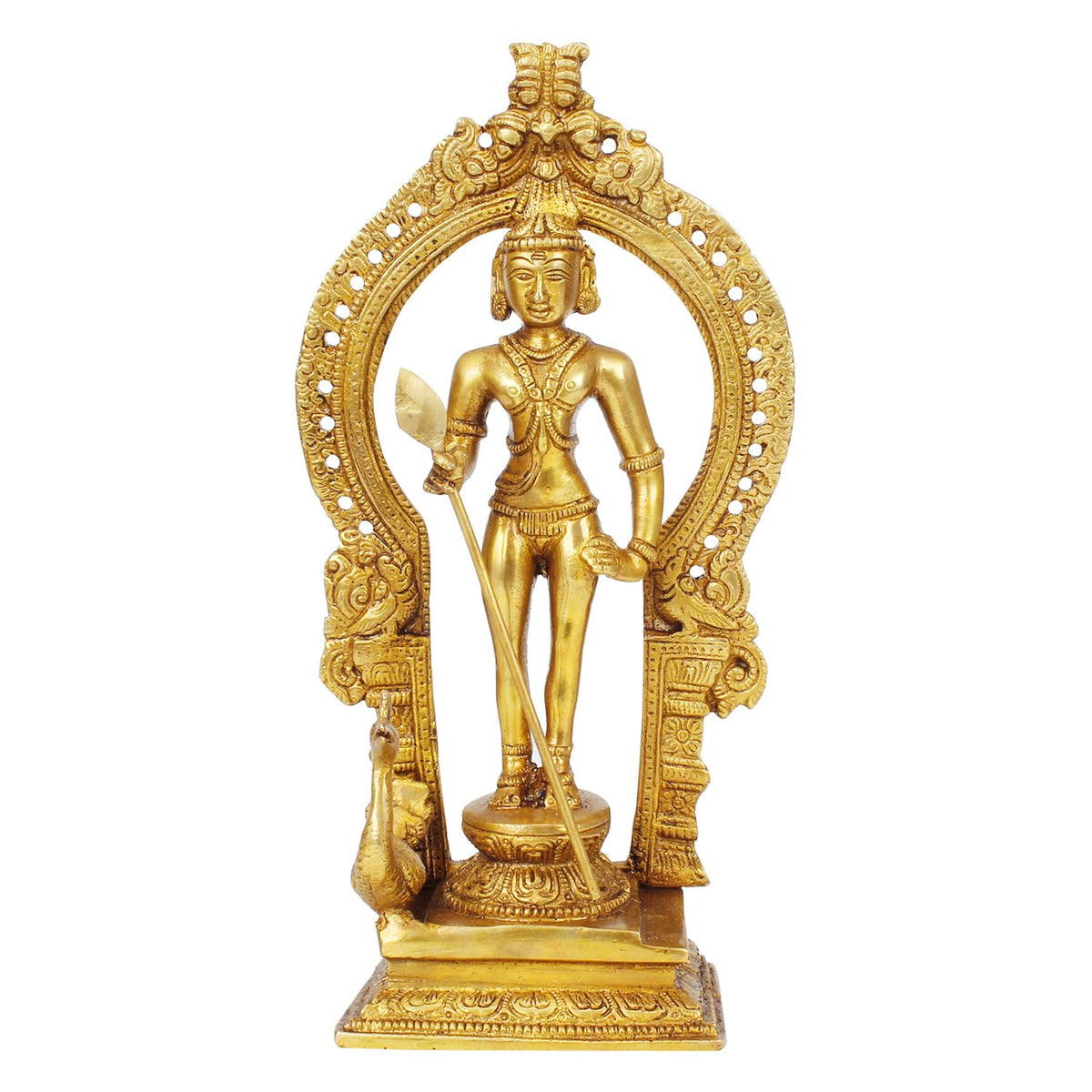 SVARUP Brass Lord Murugan Kartikeya Kumaraswamy Karthikeya with Peacock Idol Swaminatha Murti10 Inch Gold Color