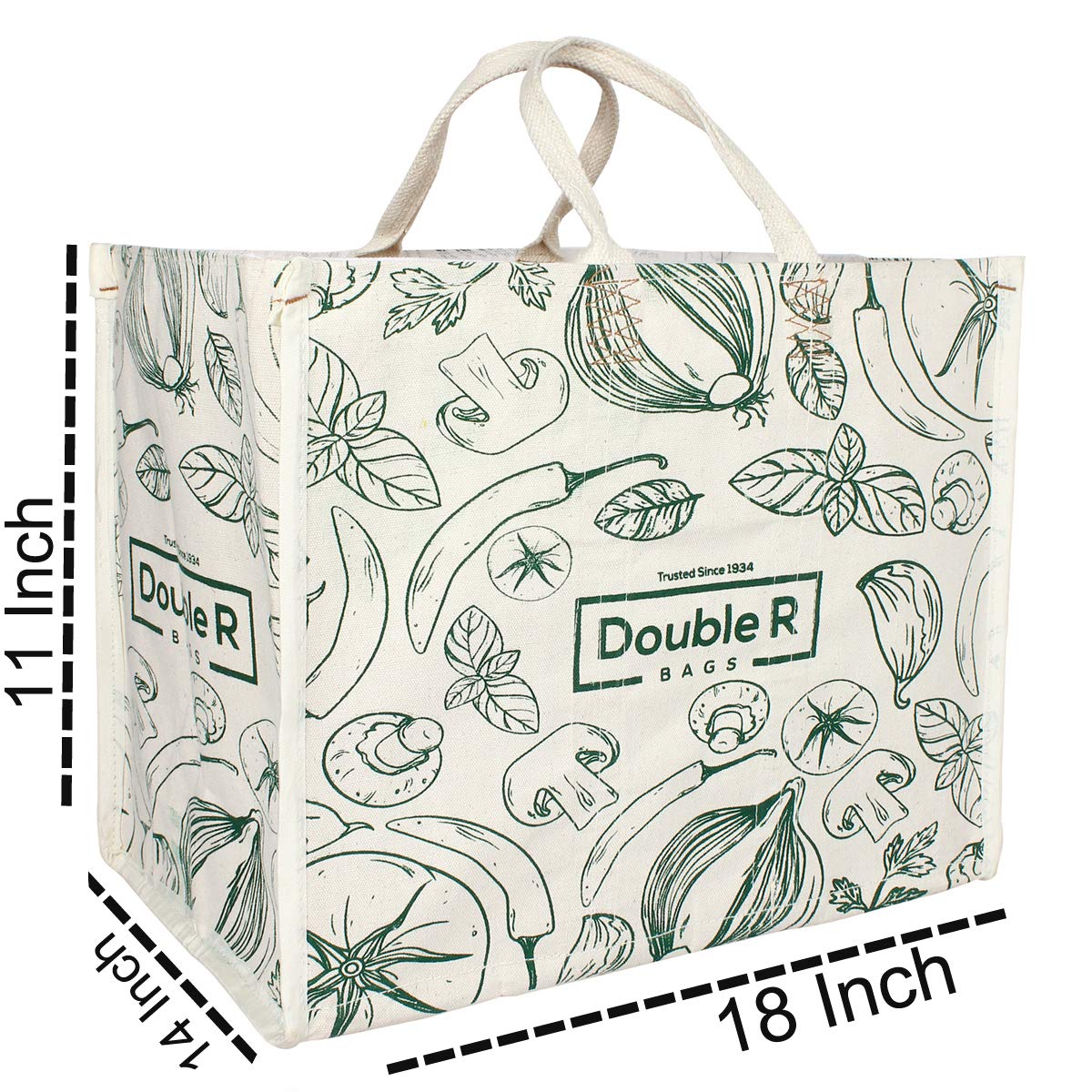 DOUBLE R BAGS Waterproof Cotton Canvas Shopping Bag | Large Reusable Grocery & Kitchen Essentials Tote with short Handles | Eco-Friendly Cloth Carry Bag (45x35x27.7 cm, 1 Compartment, Green) Pack of 1