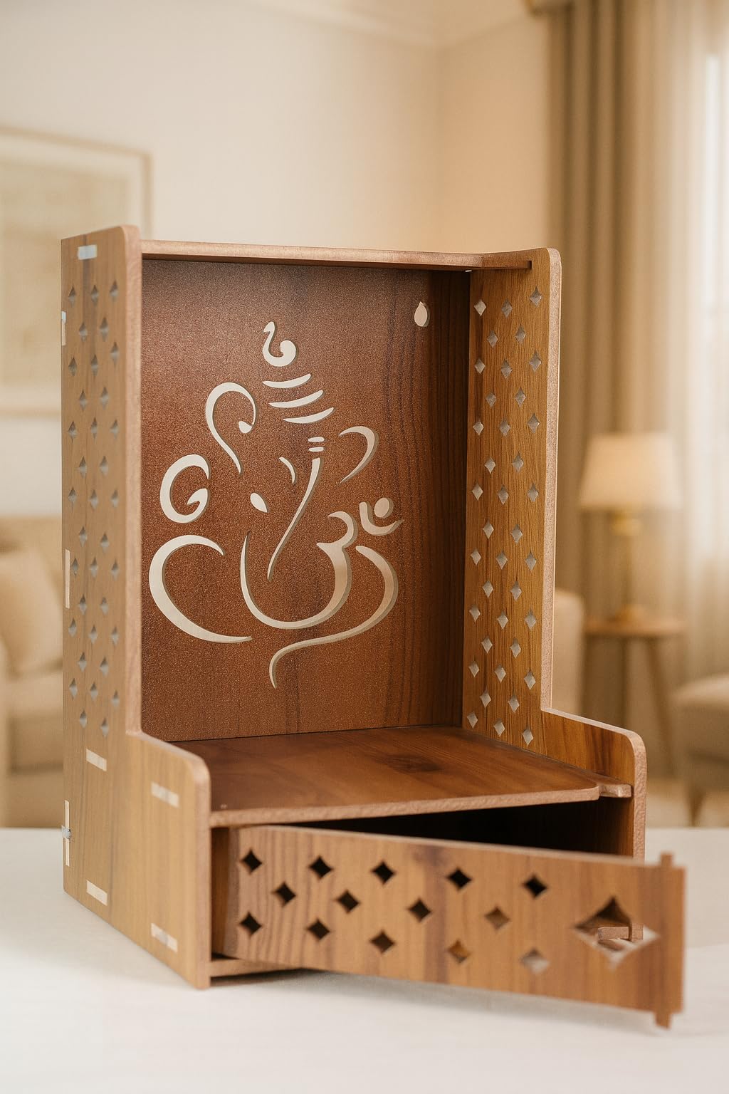EXPRO Wooden Wall Mounted Pooja Mandir for Home & Office, Wooden Temple for Home Decor Hanging Pooja Stand for Idols | Height: 5 | DIY (Do-It-Yourself) (Height 5 | Ganesh Ji Design-2)