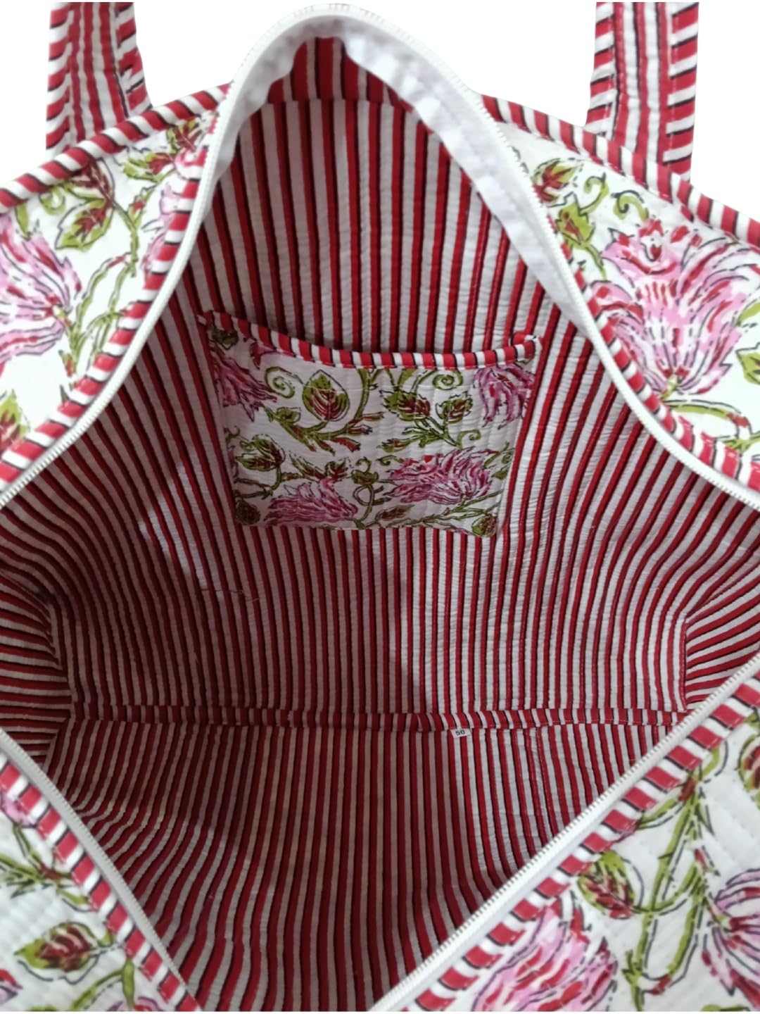 Doraya Cotton Printed Tote Bag,Hand Bag Multicolor Quilted Hand Block Floral Printed Women's Carry Bag Shoulder Shopping Tote Bags 18x5.5x16 Inch (White 2)