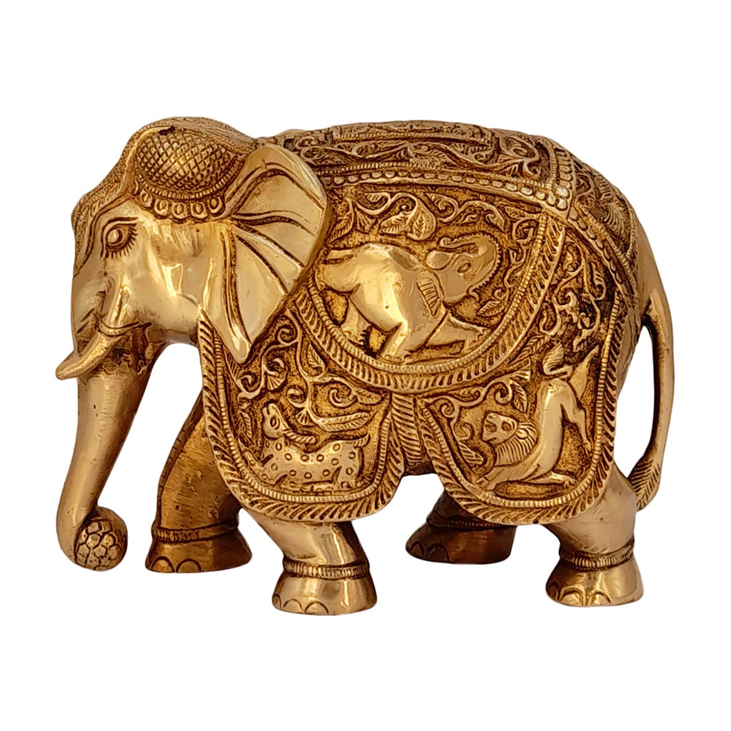 ARTVARKO Brass Elephant Trunk Down Ganesha & Animals Carving Vastu Hathi for Good Luck Success Prosperity Home Decor Gift | (LxWxH): 8x4x5.5 Inches Weight 3.2 Kg