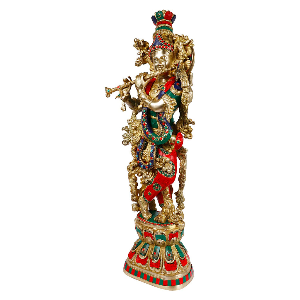 ARTVARKO Big Brass Lord Murli Manohar Krishna Idol Krishan Decorative Showpiece Figurine for Pooja Room & Gift 25 Inch