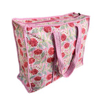 Bazaar Bhoot Edition Premium Cotton Quilted Shopping Tote Bag - Multipurpose Long Lasting Foldable Reusable Bag with zipper for Shopping, Travel & Daily Use - Made in India (Floral Pink)