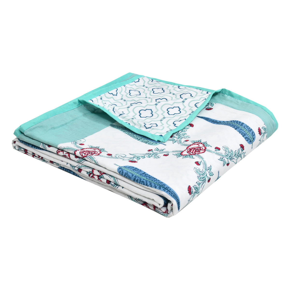 BLOCKS OF INDIA Hand Block Printed Cotton Single Size Reversible Malmal Dohar for Summer (Turq Patti) Kafalo