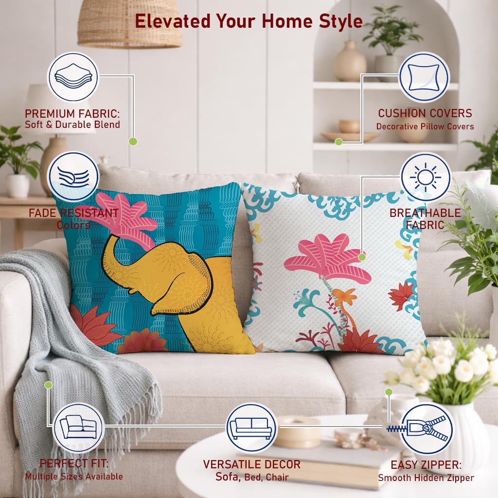 STITCHNEST Set of 2 Whimsical Wild Collection Printed Jute Cushion Covers 16x16 Inches | Decorative Throw Pillow Covers for Sofa, Living Room, Bedroom | Perfect for Home Decor