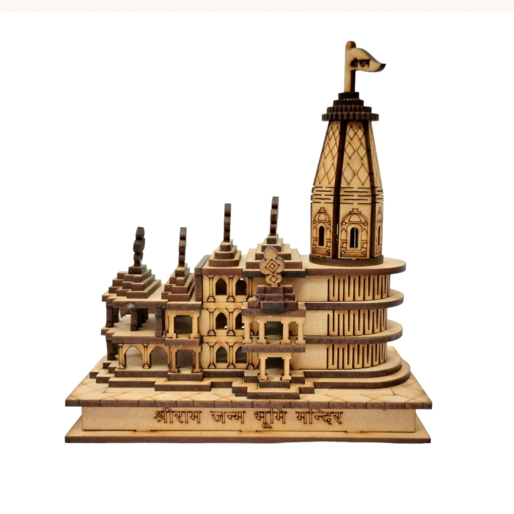SHUCHI ESSENTIALS Ram Mandir Ayodhya Wooden Model with 3D Ram Lalla Idol, Miniature Pooja Temple Showpiece for Home Decor, Pooja Room, Office Desk and Spiritual Religious Gift, 5.5x3x6 Inch