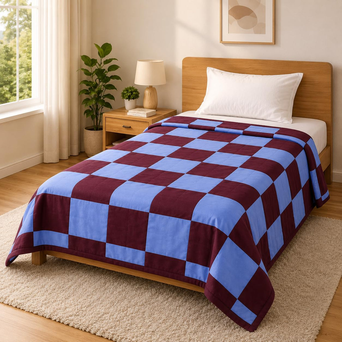 Bhoomi Impex Single Bed Dohar Premium Maroon Grid | Lightweight Summer Quilt | Soft Microfiber AC Blanket | Breathable All Season Comforter | Skin Friendly Bed Cover Kafalo