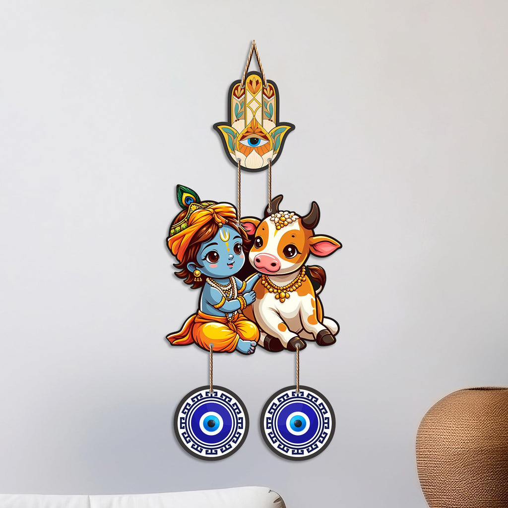 Artvibes Gopal Krishna with Cow Evil Eye Wall Decor for Home Office | Nazar Suraksha Hanging for Entrance Living Room | Bedroom | Temple | Spiritual Good Luck Gift Item (WH_8575N)