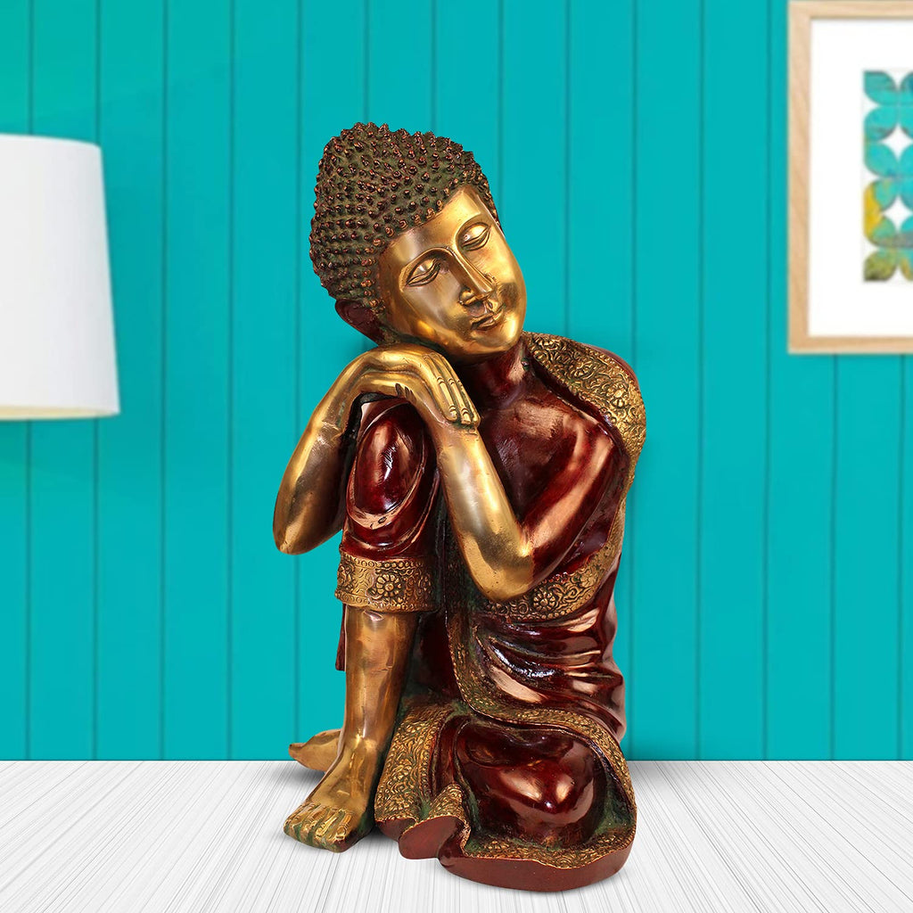 ARTVARKO Big Brass Resting Buddha Statue Nepal India Decor Thinking Buddha Idol Tibetan Metal Sculpture Diwali Decor Gift