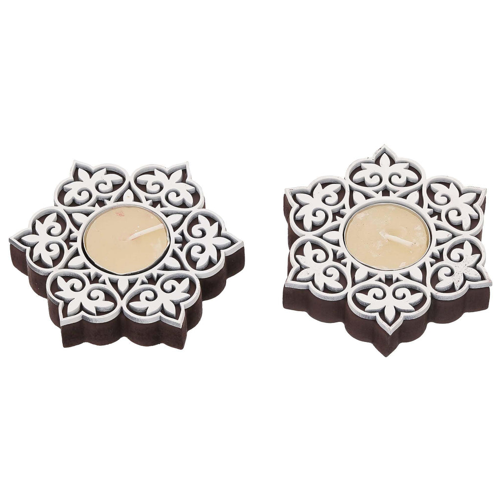 eCraftIndia Set of 2 White Brown Wooden Floral Printing Block Decorative Tea Light Candle Holders, Diya Stands | Tea Light Holders | Christmas Diwali Decoration Items for Home Decor